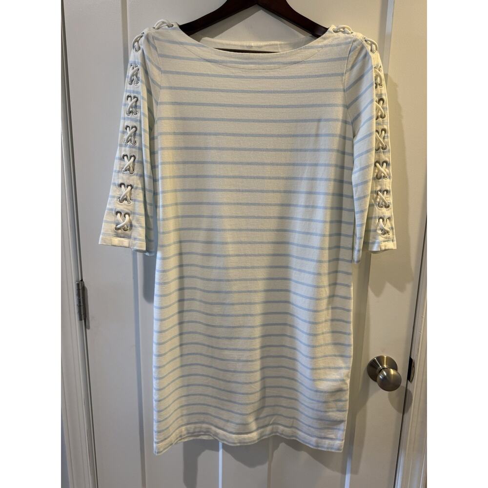 Lauren Ralph Lauren White/Blue Large Boat Neck Laced Sleeve Nautical Coastal